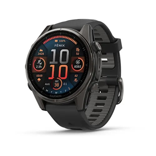 fenix 8 - 43 mm, AMOLED Sapphire, Karbon gri DLC titanyum, Siyah/Gri Silikon Kayışlı