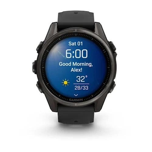 fenix 8 - 43 mm, AMOLED Sapphire, Karbon gri DLC titanyum, Siyah/Gri Silikon Kayışlı